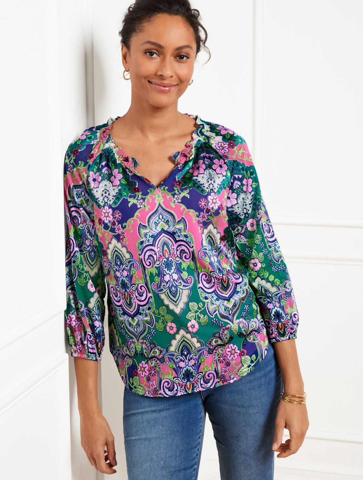 LUSH GREEN MULTI SATIN TOP - ELABORATE MEDALLION | Talbots sale
