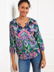 LUSH GREEN MULTI SATIN TOP - ELABORATE MEDALLION | Talbots sale
