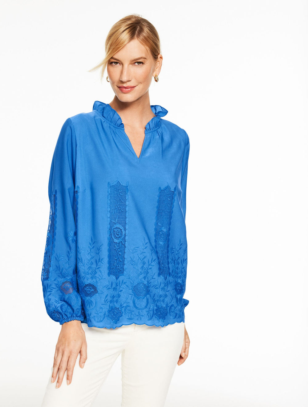 AZURE BLUE EMBROIDERED RUFFLE TOP - WISTERIA FLORAL | Talbots outlet