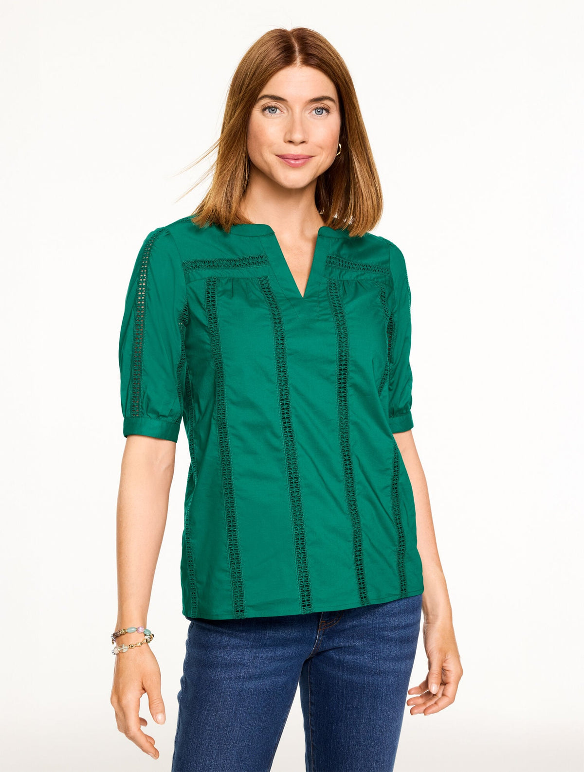 LUSH GREEN EMBROIDERED EYELET POPLIN TOP | Talbots near me