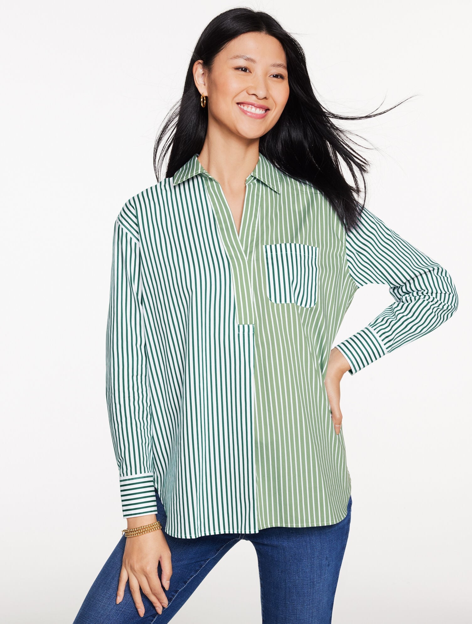 BRIGHT ROSE/WHITE|LUSH GREEN/WHITE POPLIN TOP - TAILORED STRIPE | Talbots for sale