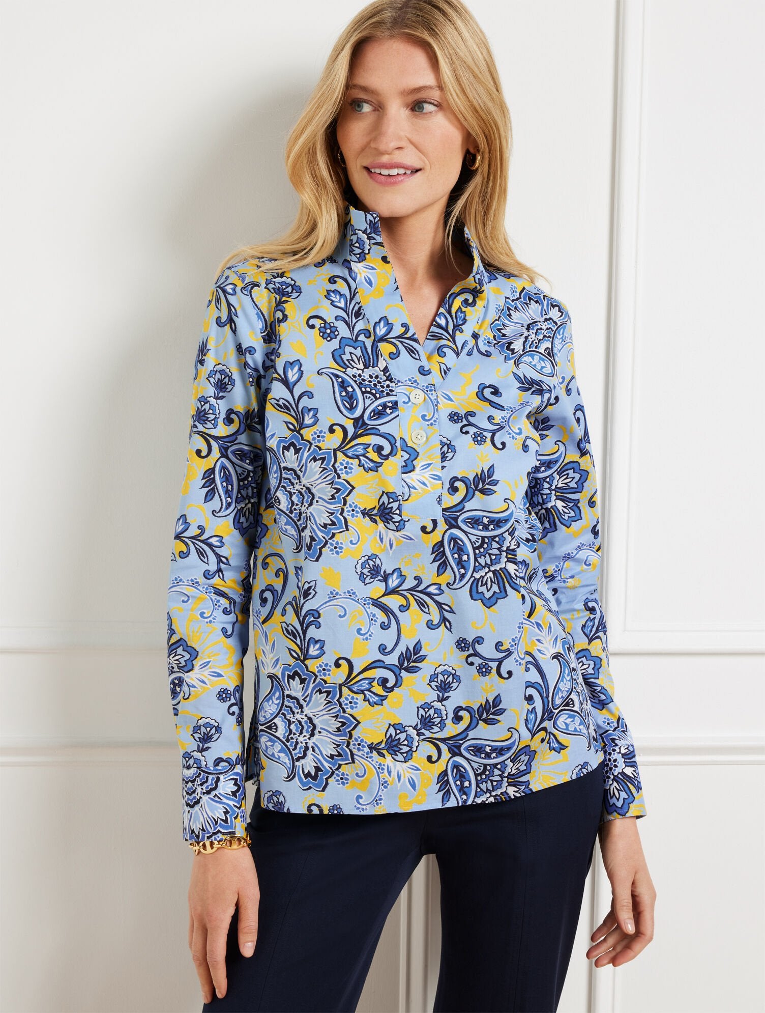 BLUE CRYSTAL MULTI NON-IRON POPOVER - IKAT FLOWERS | Talbots online