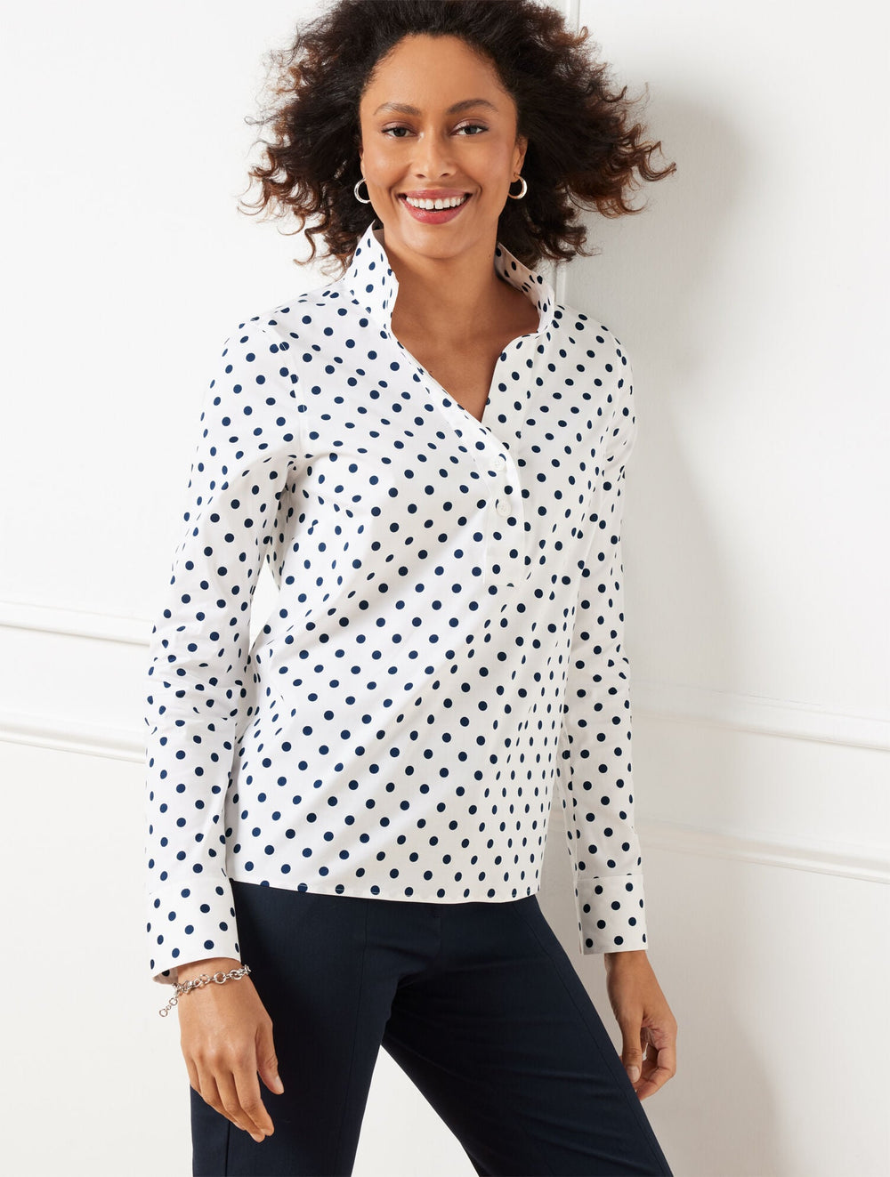 WHITE/INDIA INK NON-IRON POPOVER - LOVELY DOTS | Talbots outlet
