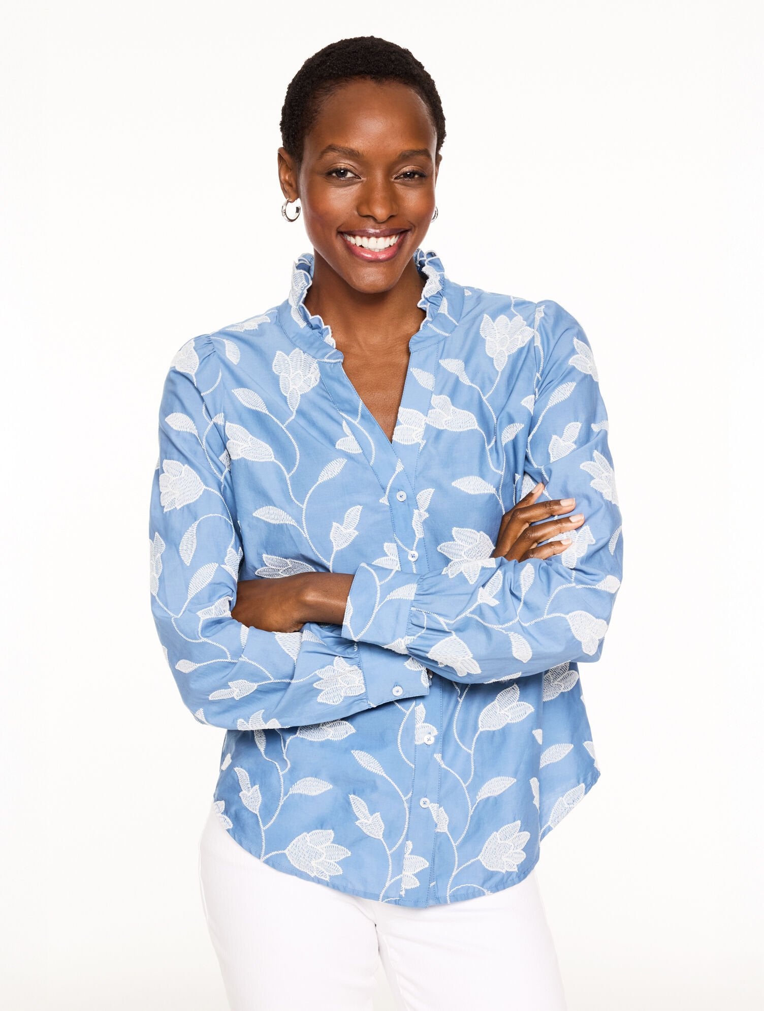 BLUE/IVORY EMBROIDERED TOP - HYDE PARK BLOSSOMS | Talbots US