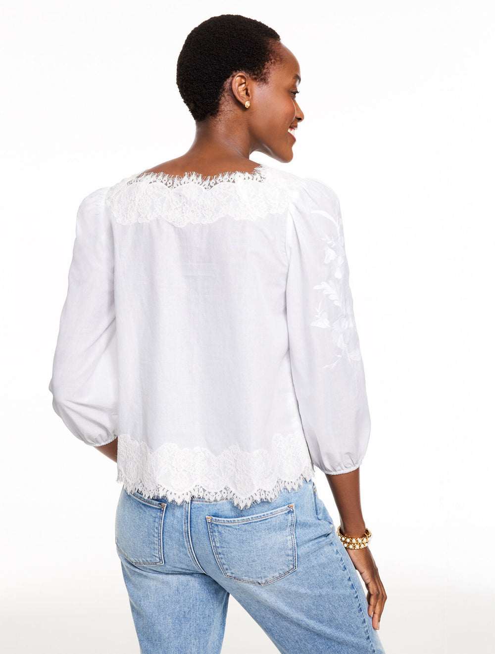 WHITE EMBROIDERED LACE TRIM VOILE TOP | Talbots online