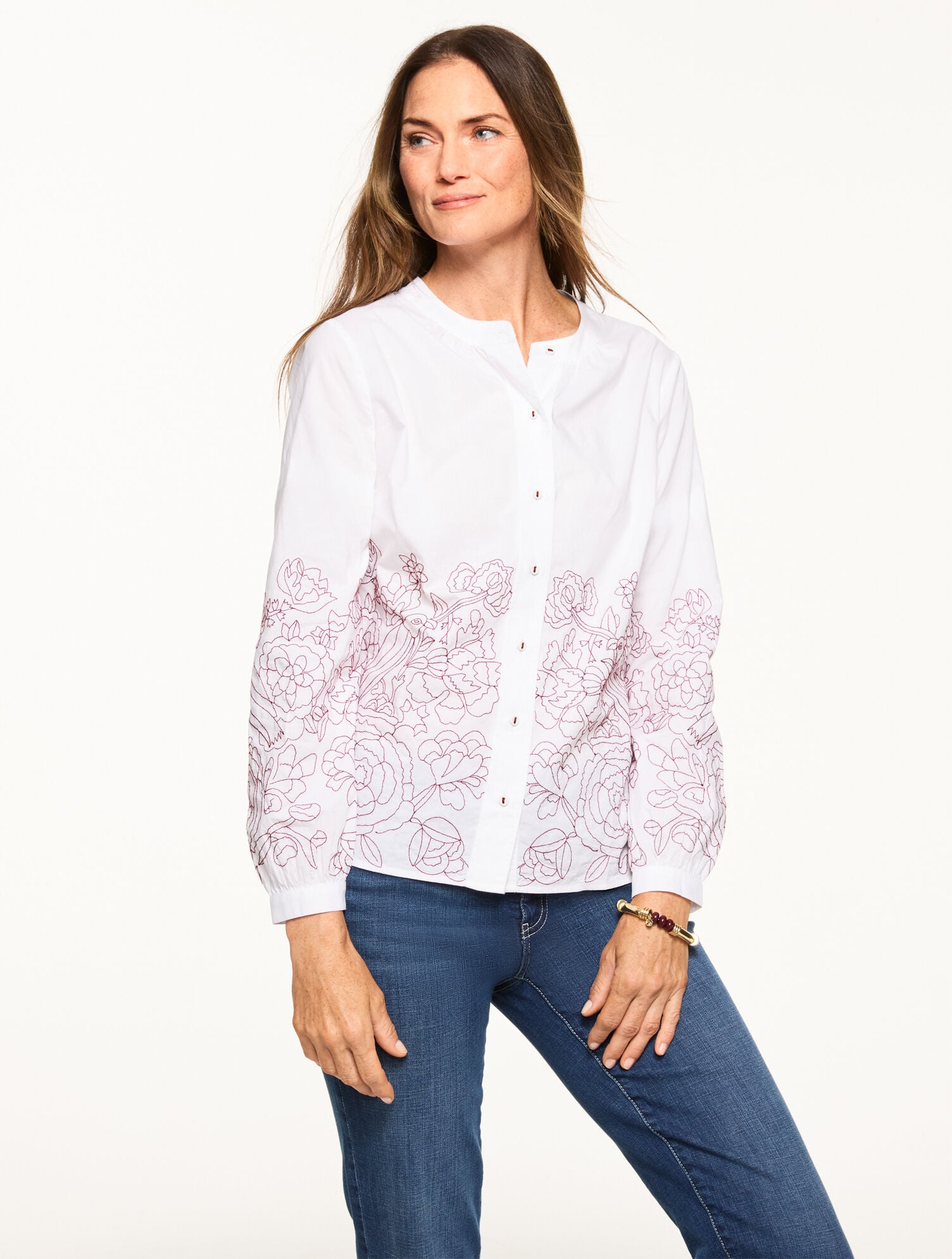 WHITE CONTRAST EMBROIDERED POPLIN TOP | Talbots near me