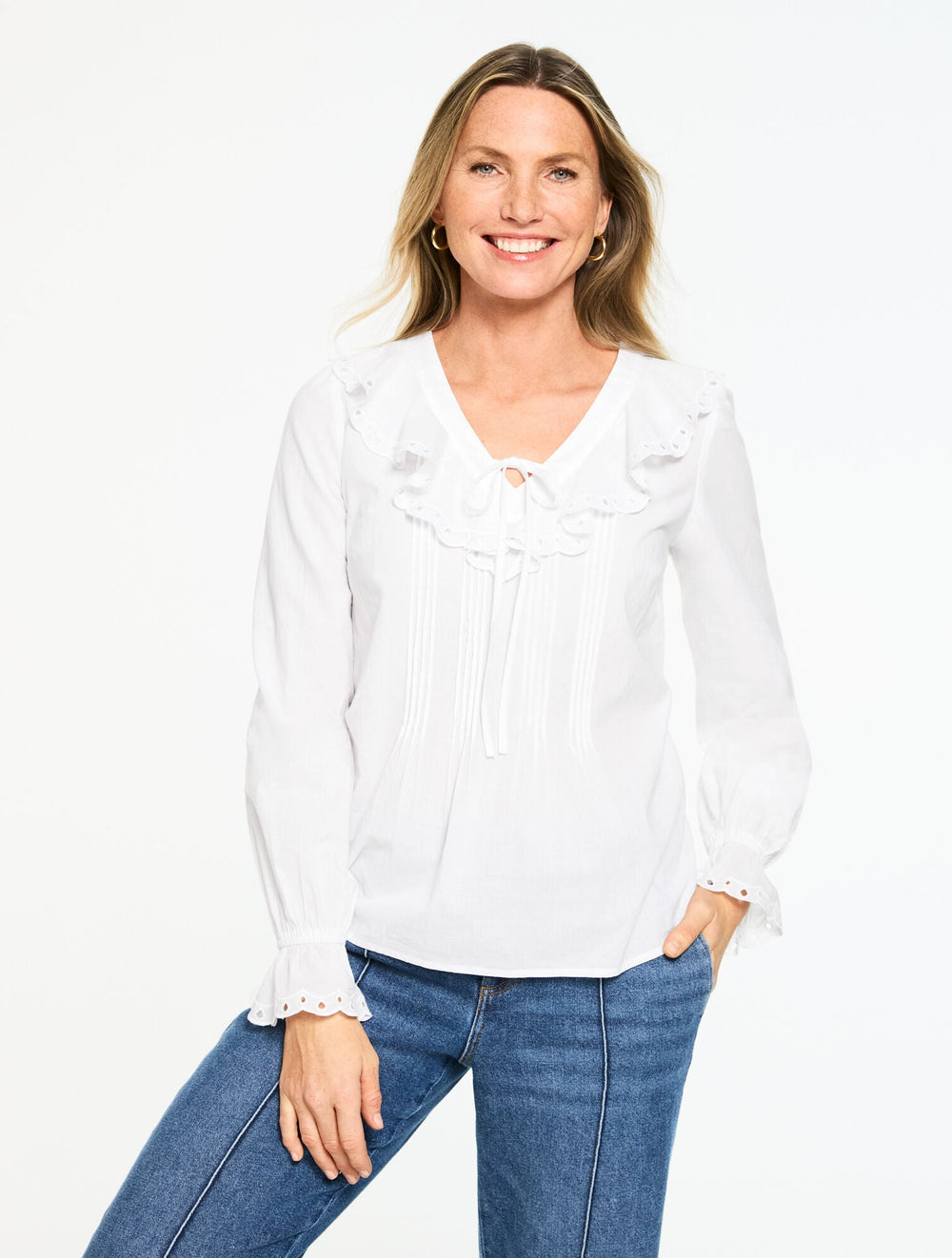 WHITE PINTUCK RUFFLE VOILE TOP | Talbots discount