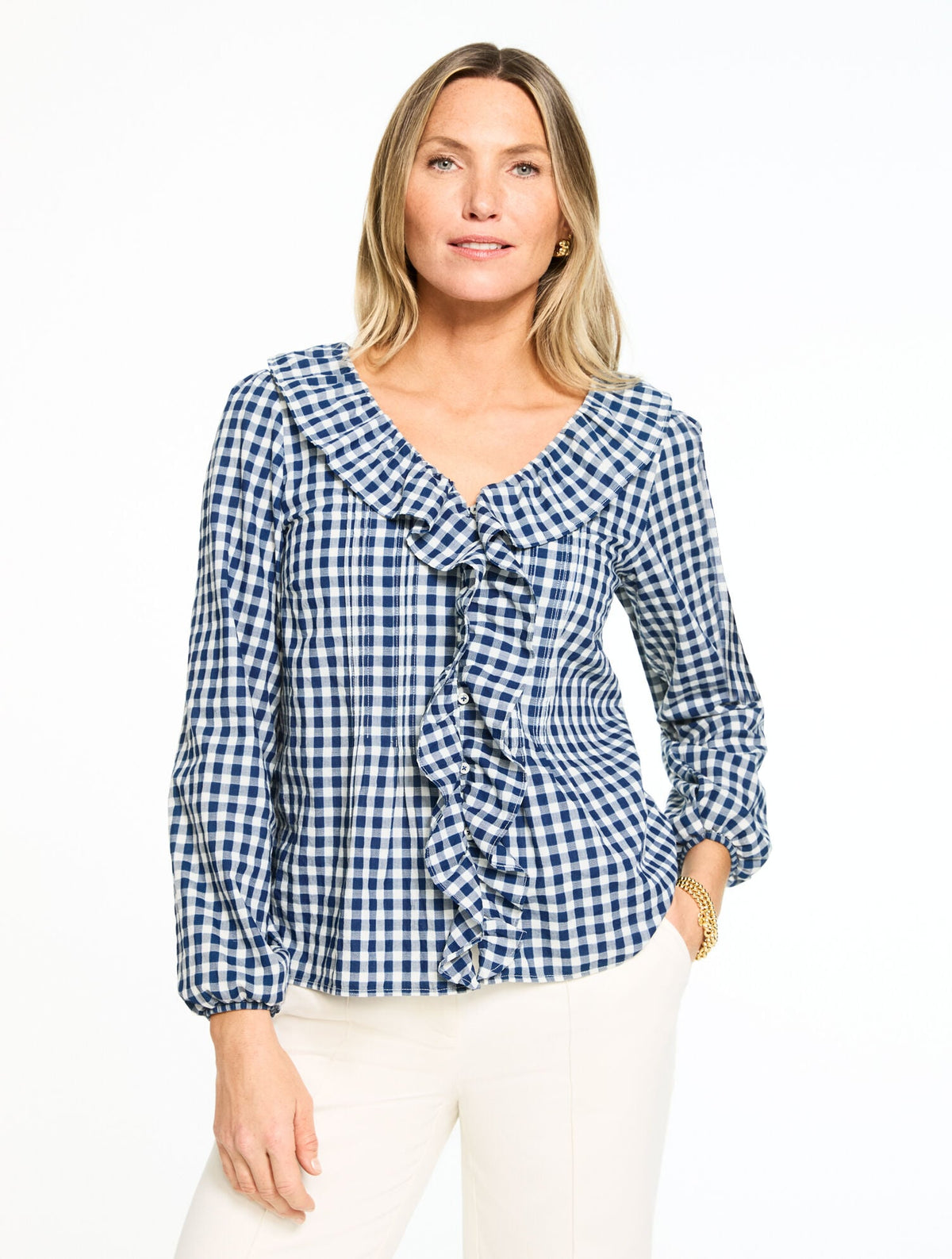 BLUE/WHITE PINTUCK RUFFLE TRIM TOP - REGENT CHECK | Talbots discount