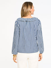 BLUE/WHITE PINTUCK RUFFLE TRIM TOP - REGENT CHECK | Talbots discount