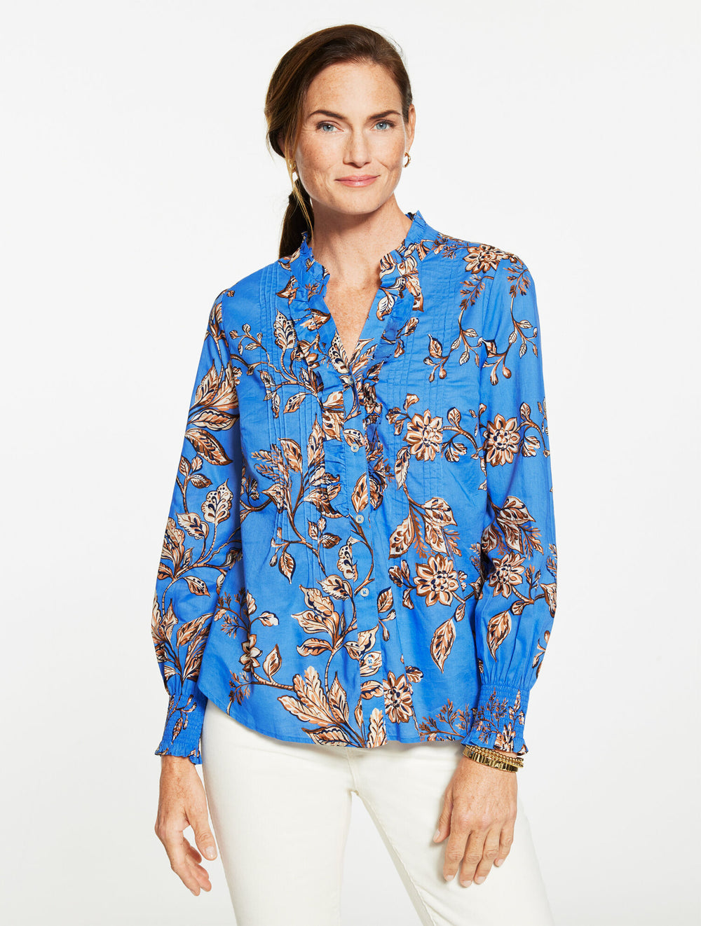 AZURE BLUE MULTI SMOCKED CUFF RUFFLE TOP - FLORAL SYMPHONY | Talbots on sale