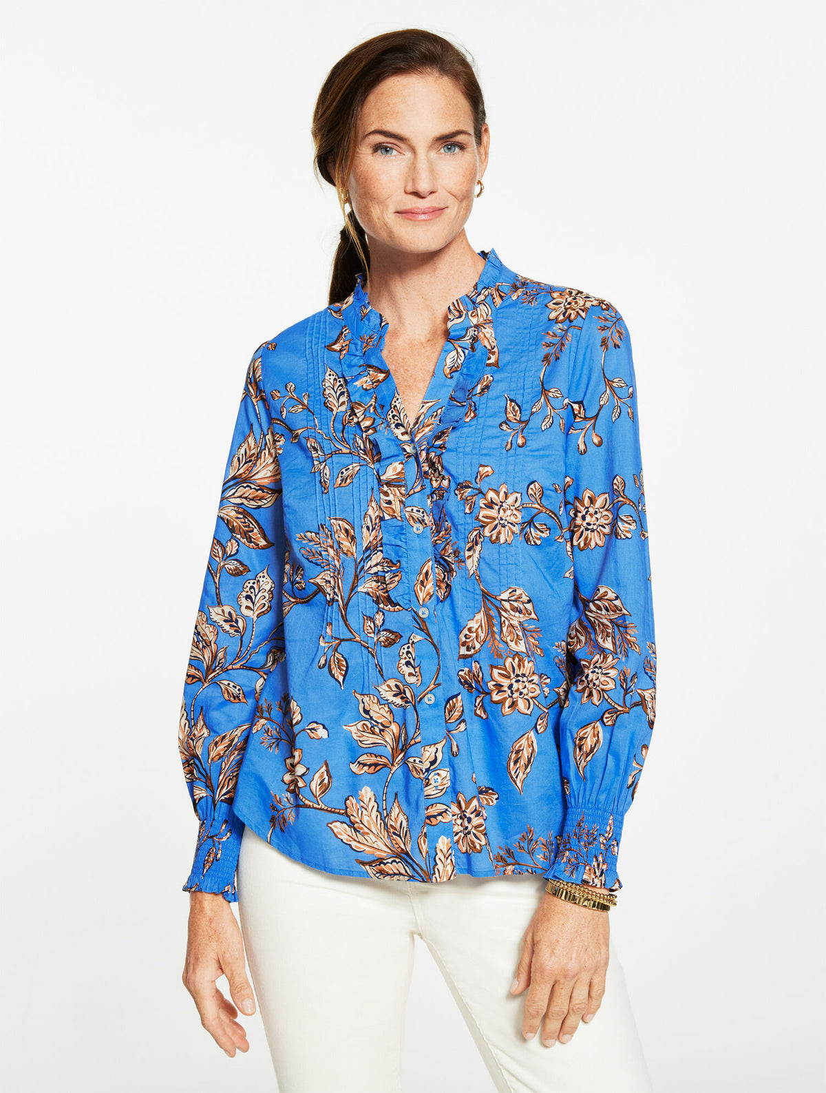 AZURE BLUE MULTI SMOCKED CUFF RUFFLE TOP - FLORAL SYMPHONY | Talbots on sale