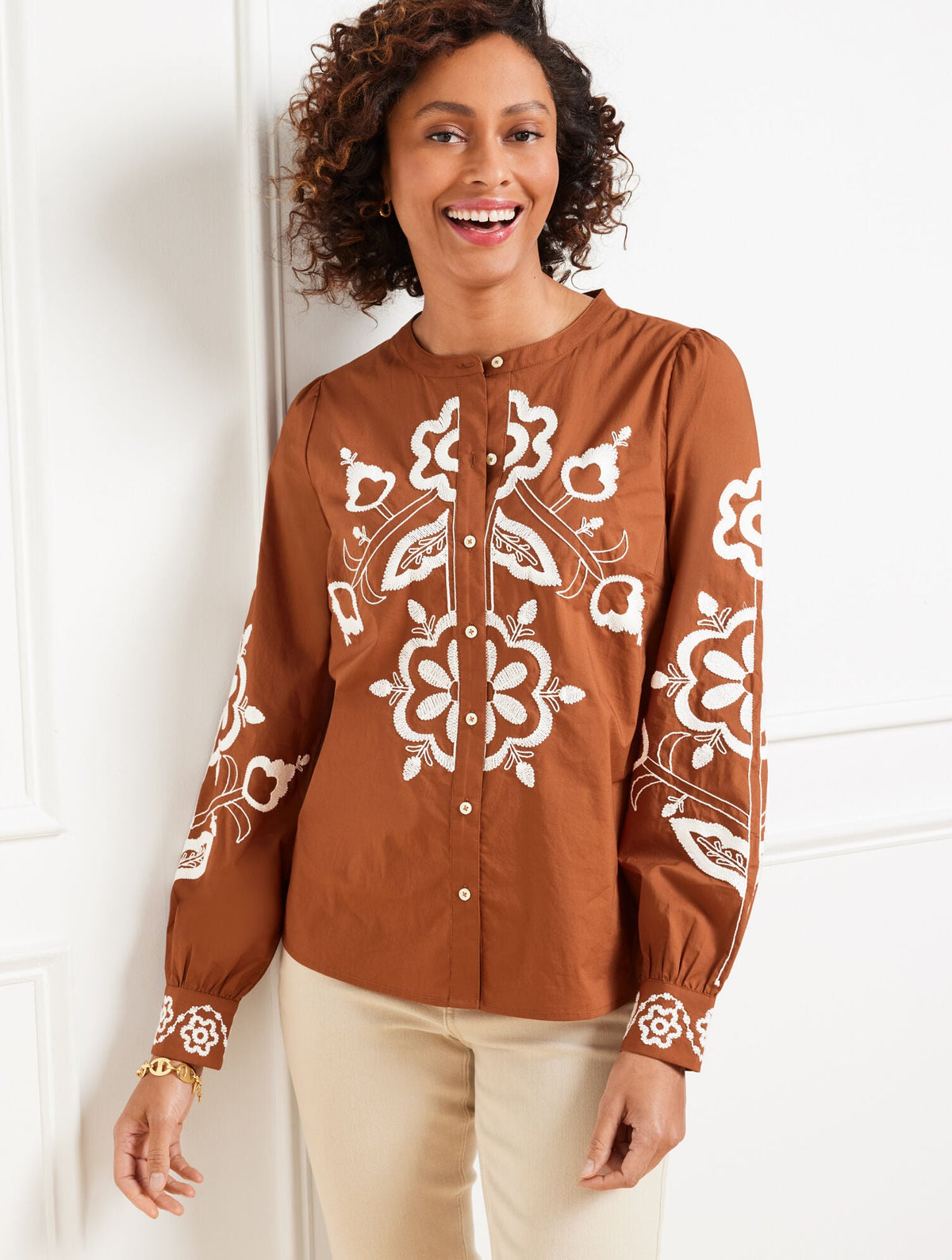 ACORN BROWN EMBROIDERED POPLIN TOP | Talbots discount