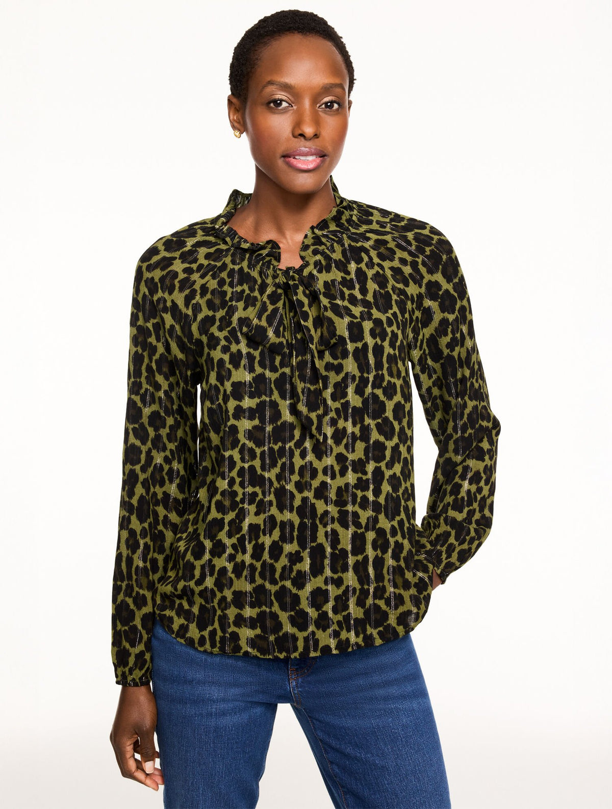 BURNT OLIVE/BLACK TIE NECK TOP - OPULENT OCELOT | Talbots US