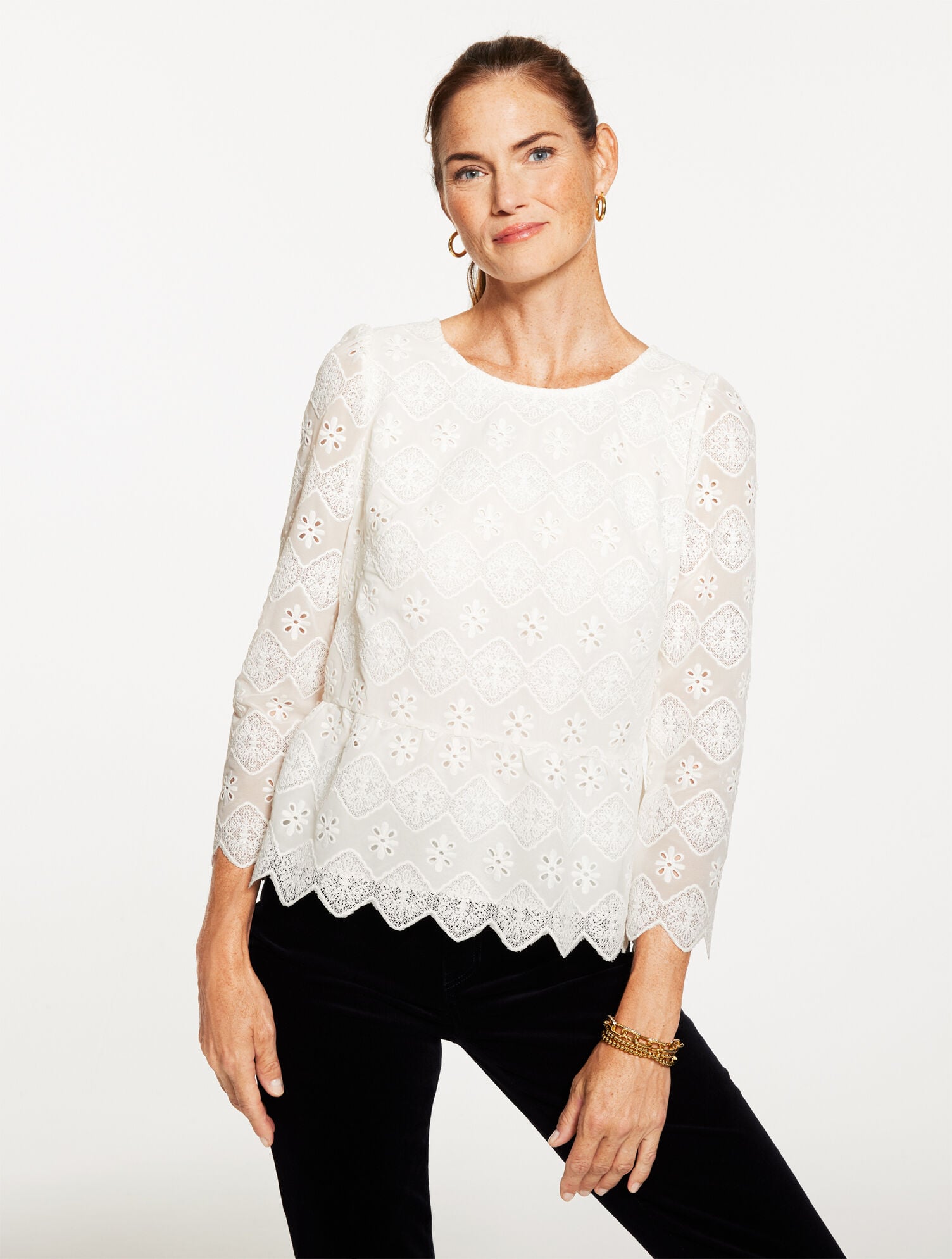 IVORY EMBROIDERED LACE PEPLUM TOP | Talbots sale