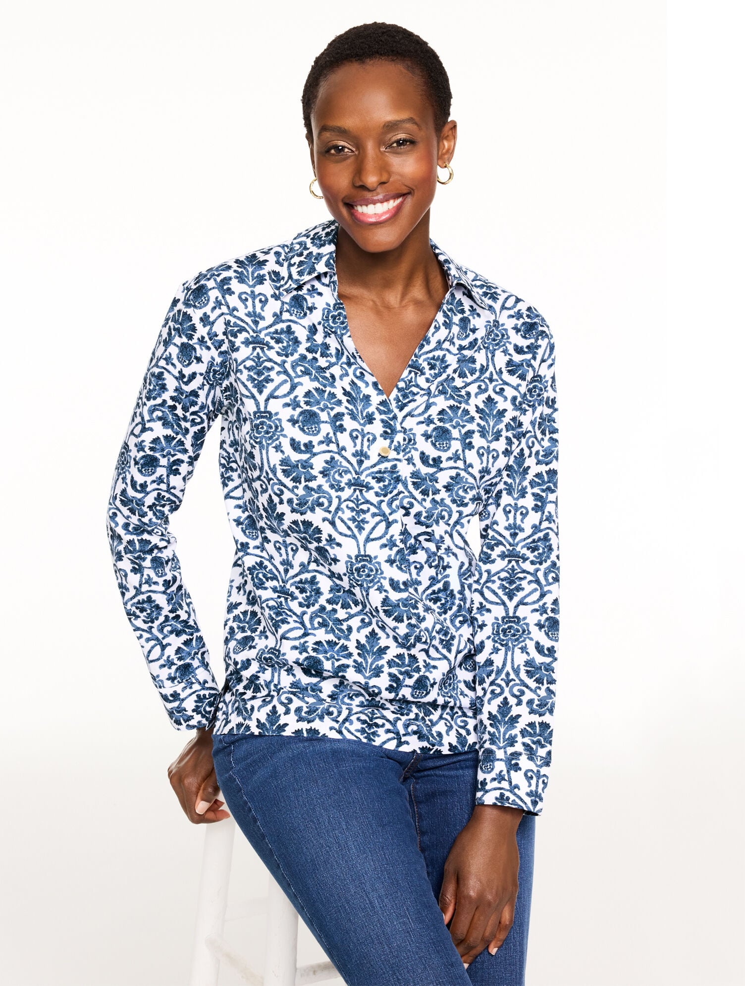 WHITE/INDIA INK NON-IRON POPOVER - SPECKLED SCROLL | Talbots US