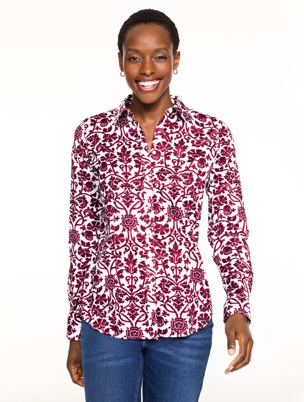 WHITE/RICH BURGUNDY NON-IRON PERFECT SHIRT - SPECKLED SCROLL | Talbots outlet