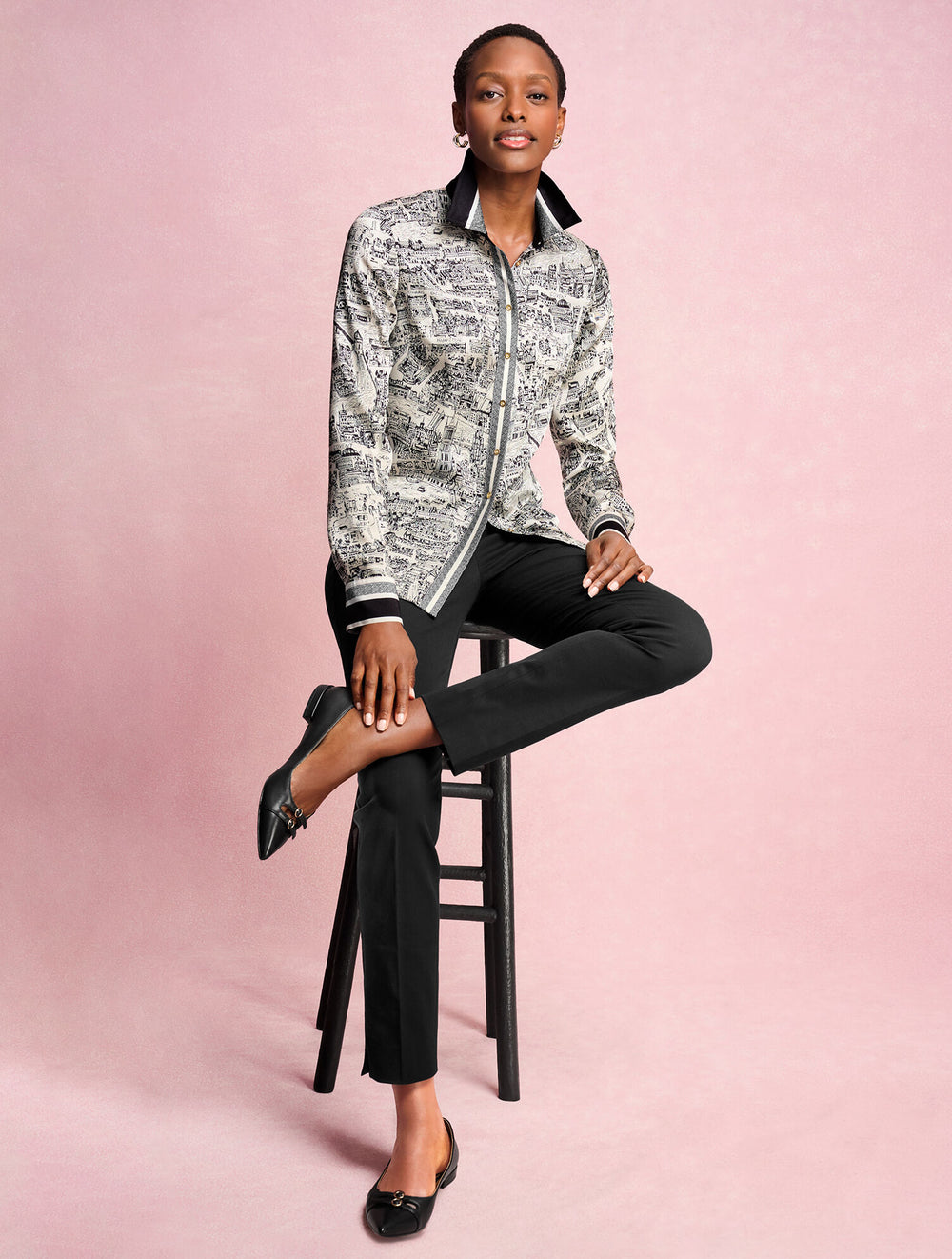 IVORY/BLACK BUTTON FRONT SHIRT - LONDON MAP | Talbots sale