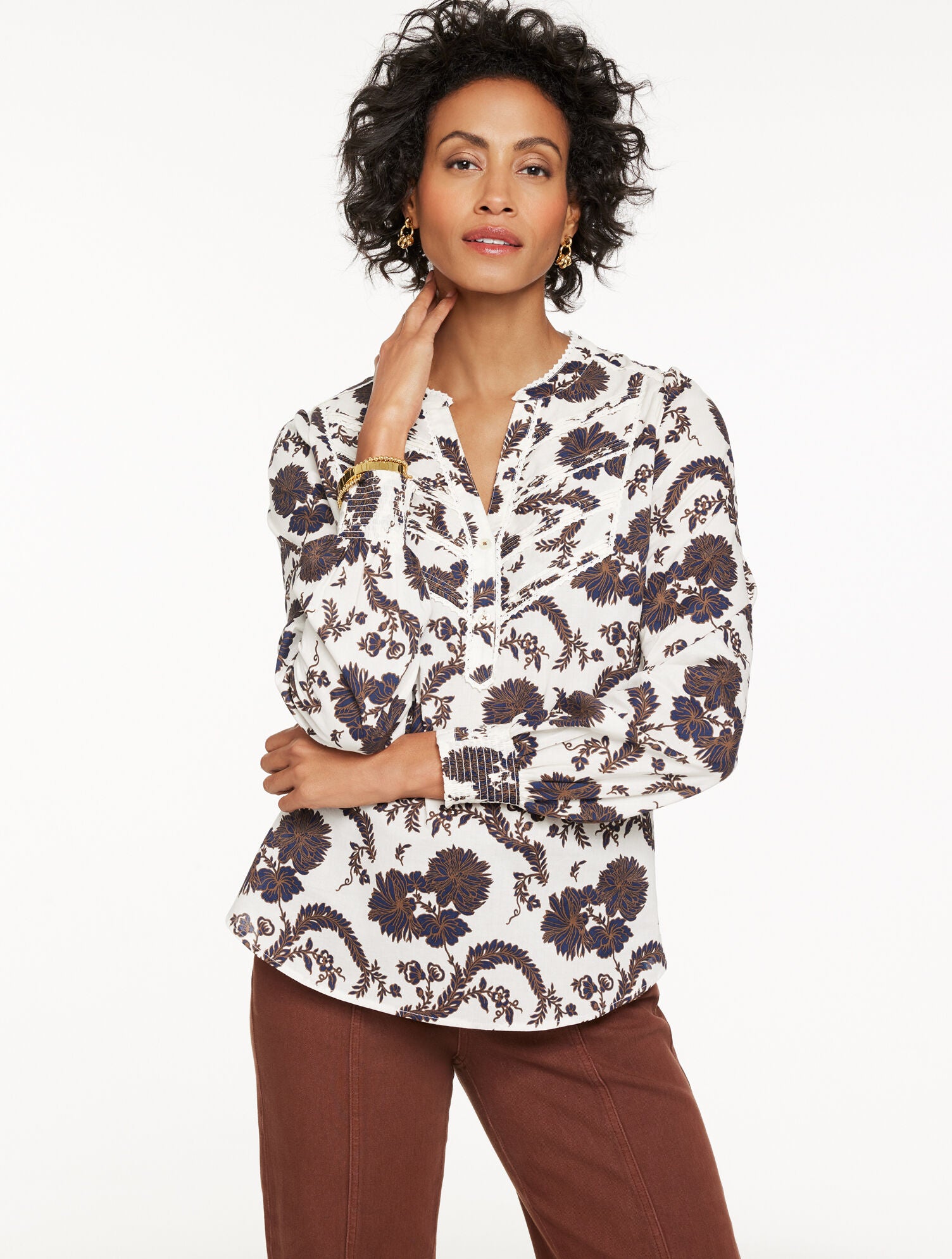 SIERRA BROWN MULTI LACE TRIM PINTUCK TOP - CLIMBING CHRYSANTHEMUMS | Talbots on sale