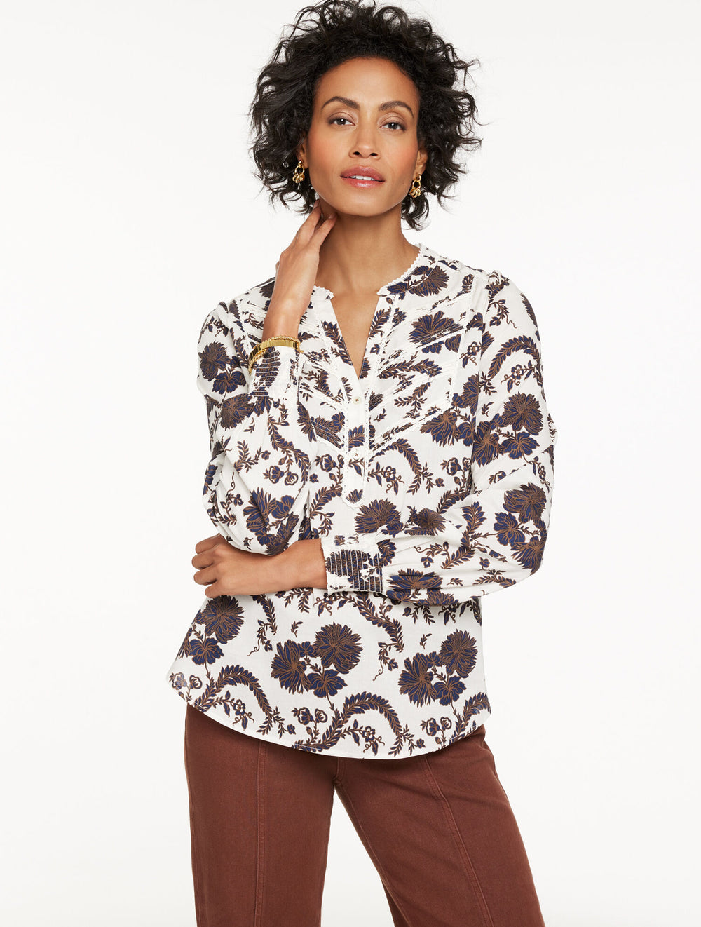 SIERRA BROWN MULTI LACE TRIM PINTUCK TOP - CLIMBING CHRYSANTHEMUMS | Talbots on sale