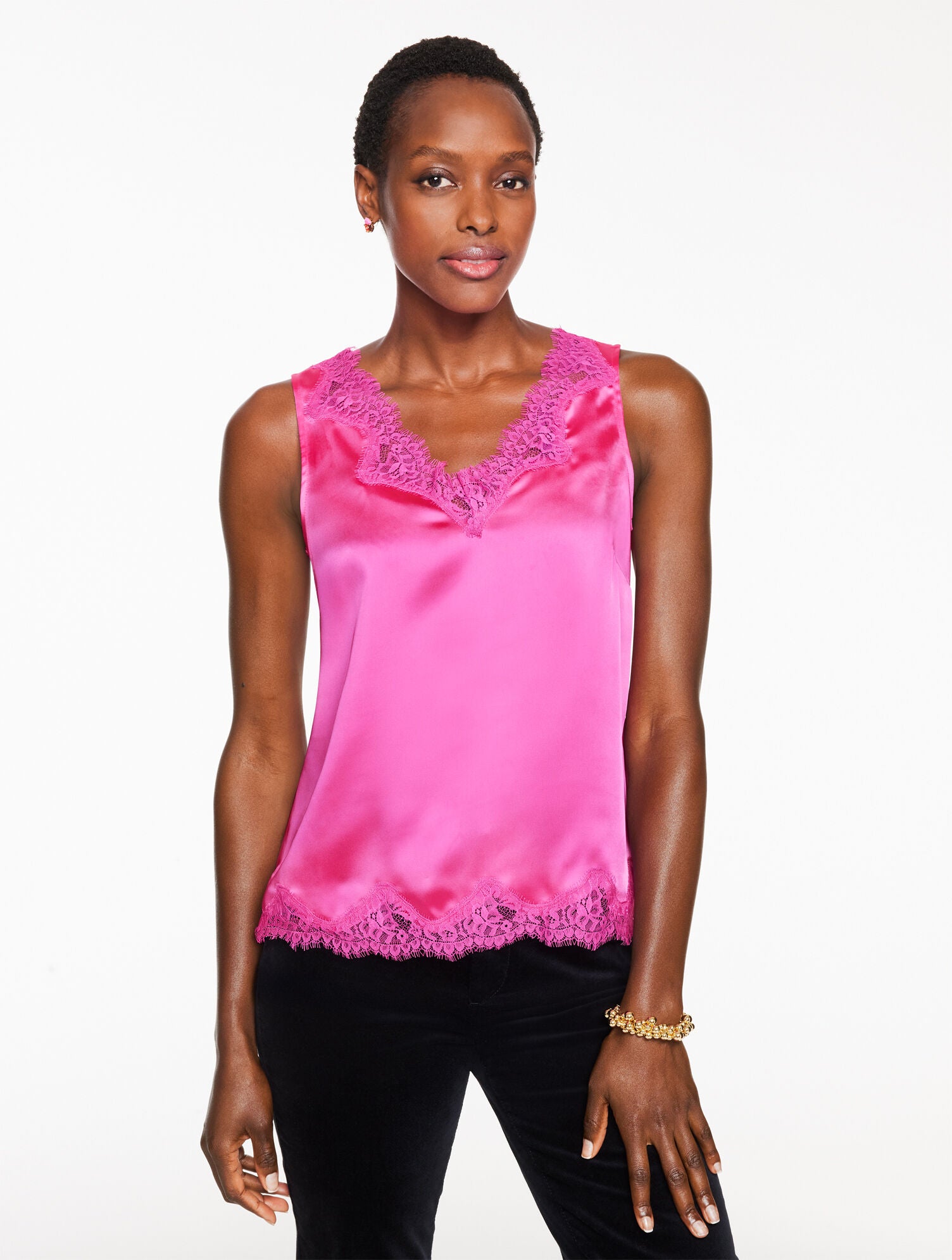 BLACK|VIOLET ROSE LACE TRIM SATIN CAMISOLE | Talbots outlet