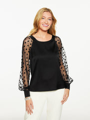 BLACK SOFT SATIN CHARMEUSE MESH SLEEVE TOP – GLITTER DOT | Talbots on sale
