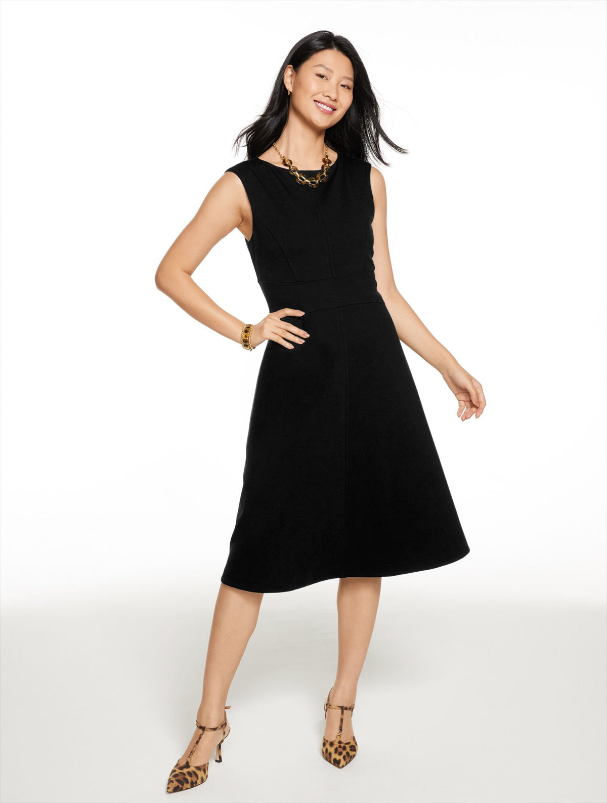 BLACK|PINE GROVE LUXE PONTE FIT & FLARE DRESS | Talbots sale