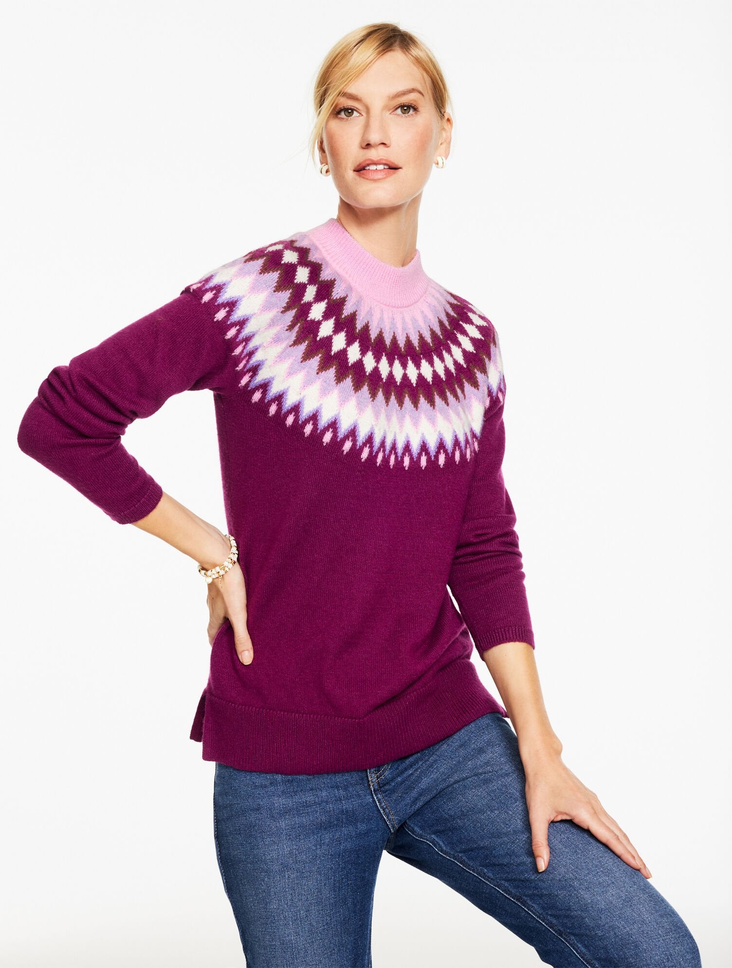 PRETTY PLUM/PINK LAVENDER MOCKNECK PULLOVER - CHEVRON FAIR ISLE | Talbots US