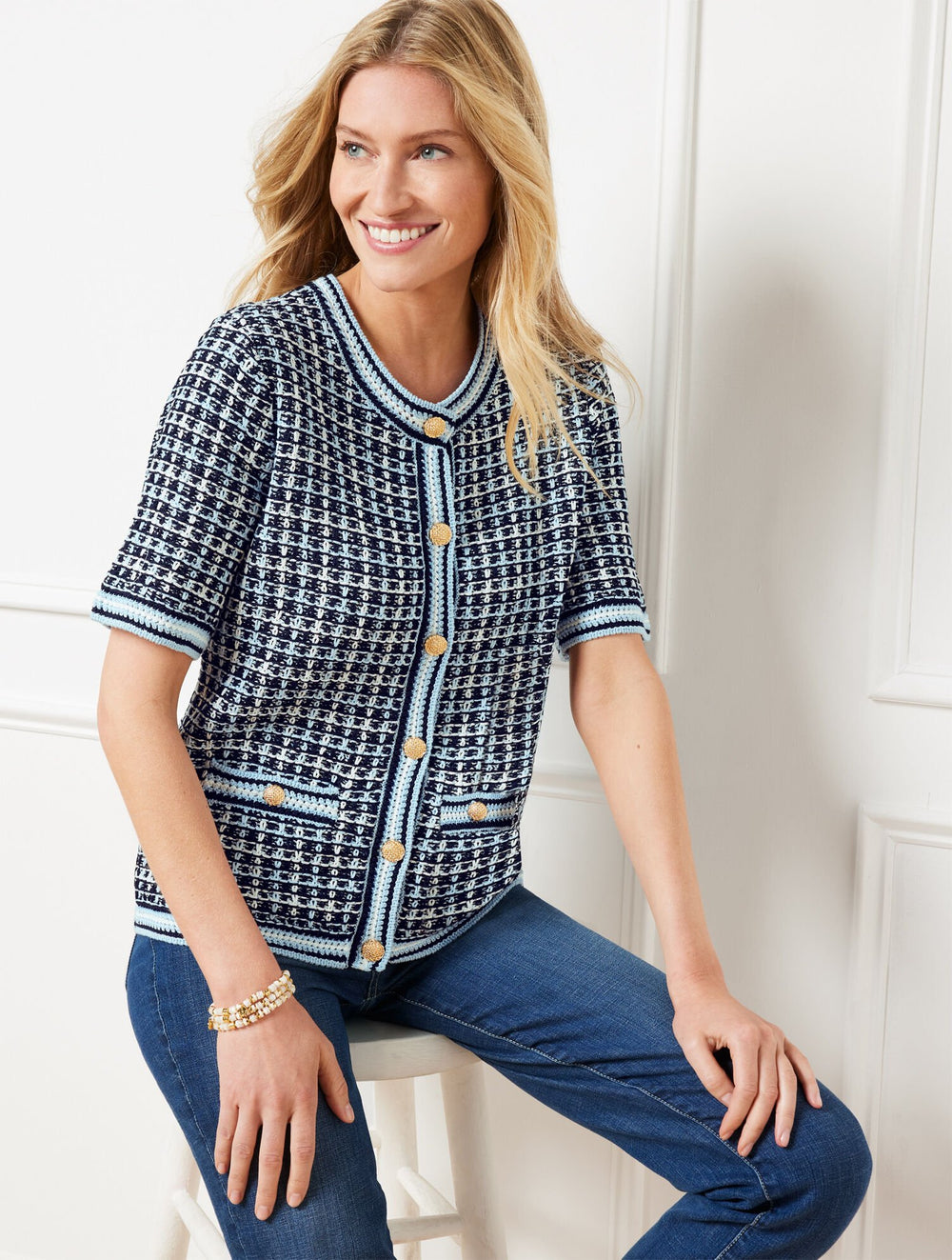 GOLDEN HONEY/WHITE|INDIGO/IVORY SHORT SLEEVE CARDIGAN - TEXTURE PLAID | Talbots US