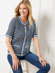 GOLDEN HONEY/WHITE|INDIGO/IVORY SHORT SLEEVE CARDIGAN - TEXTURE PLAID | Talbots US