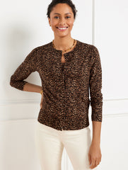 BROWN MULTI CREWNECK CARDIGAN - DELICATE LEOPARD | Talbots near me