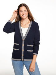 INDIGO BLUE/IVORY|SIERRA BROWN/IVORY PLAITED TRIM V-NECK CARDIGAN | Talbots sale