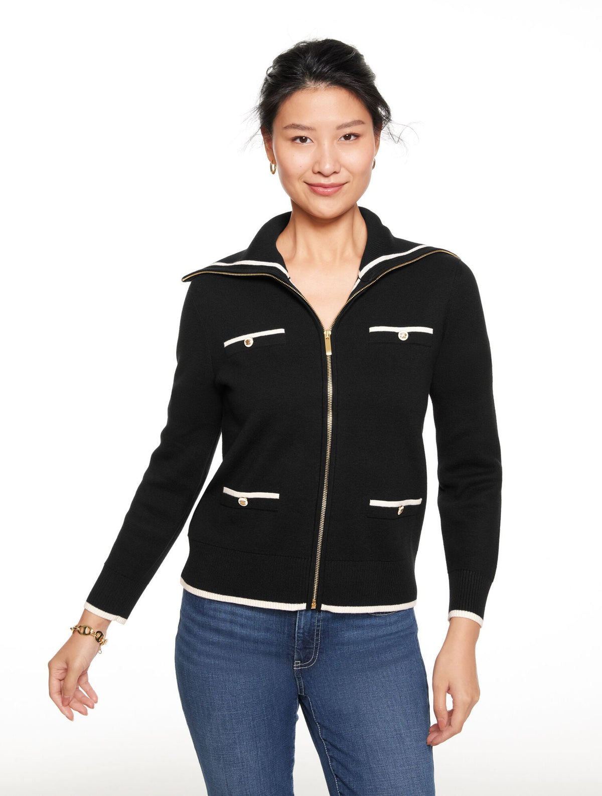 BLACK MULTI FULL-ZIP CARDIGAN - TIPPED | Talbots on sale
