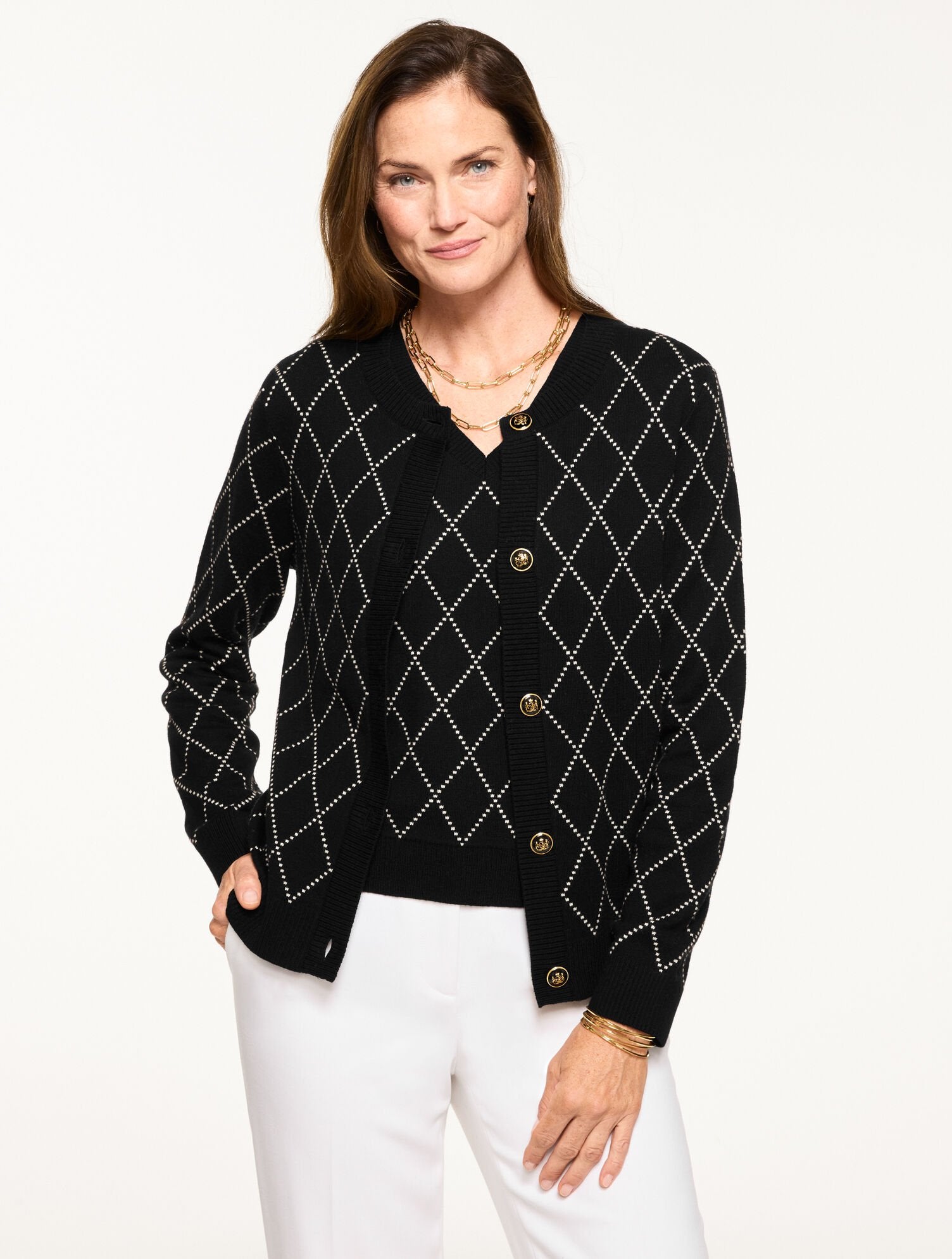 BLACK/IVORY CREWNECK CARDIGAN - BIAS PLAID | Talbots US