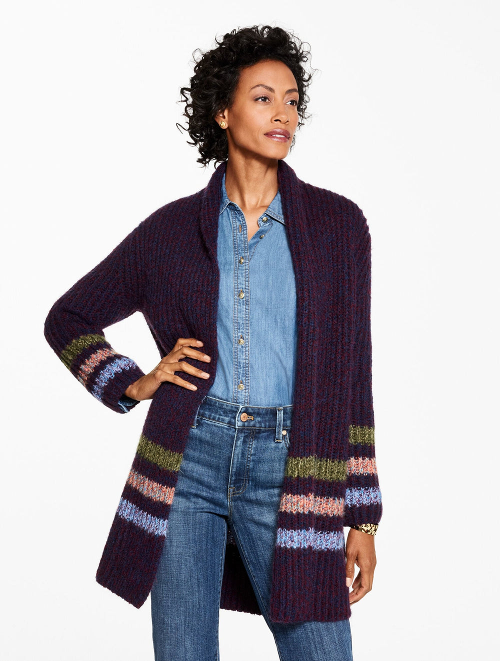 INDIA INK MULTI OPEN FRONT CARDIGAN - MARL STRIPE | Talbots sale