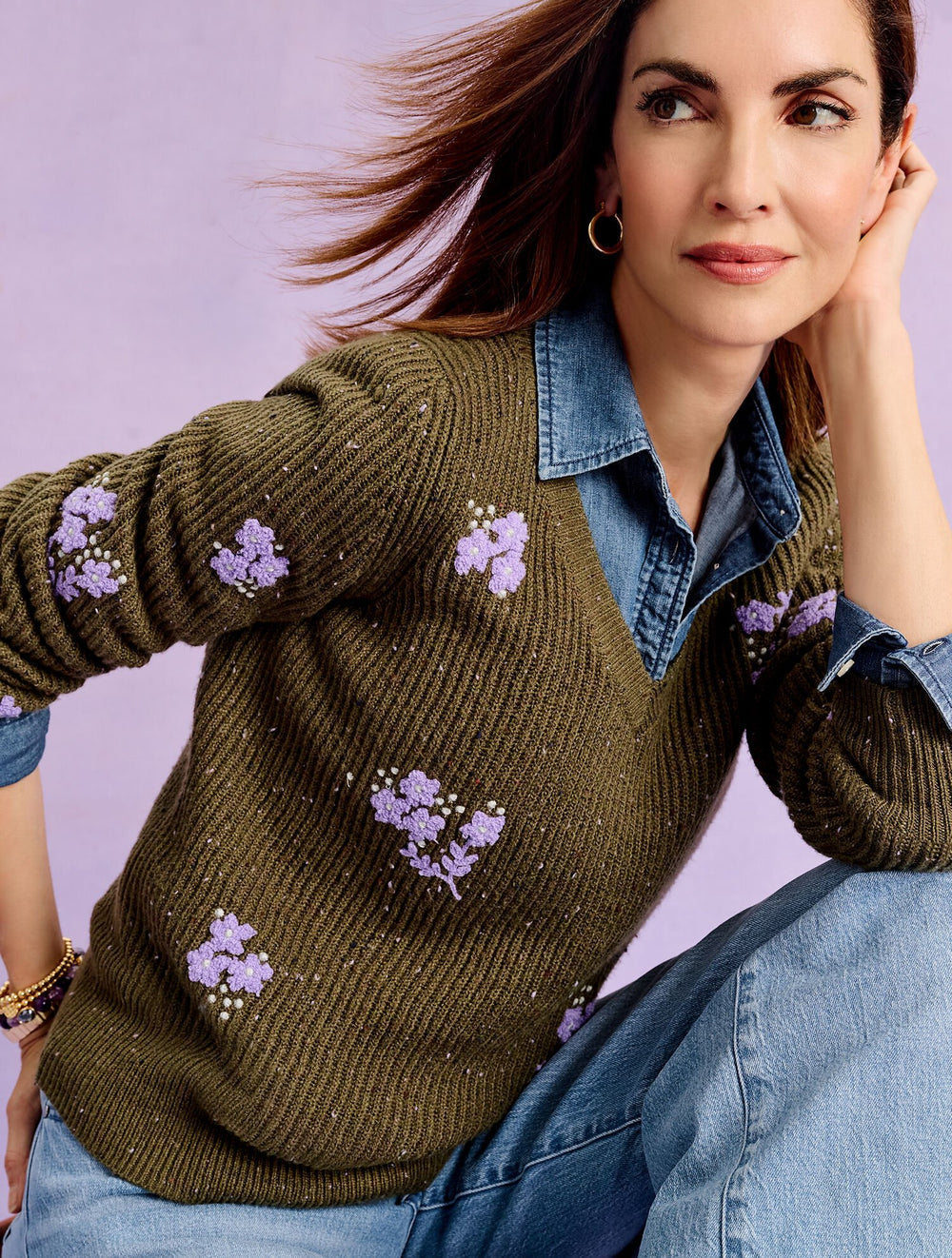 DEEP MOSS HEATHER MULTI V-NECK SWEATER - TEXTURED FLOWER | Talbots US