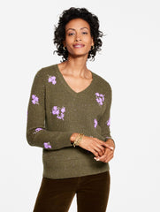 DEEP MOSS HEATHER MULTI V-NECK SWEATER - TEXTURED FLOWER | Talbots US