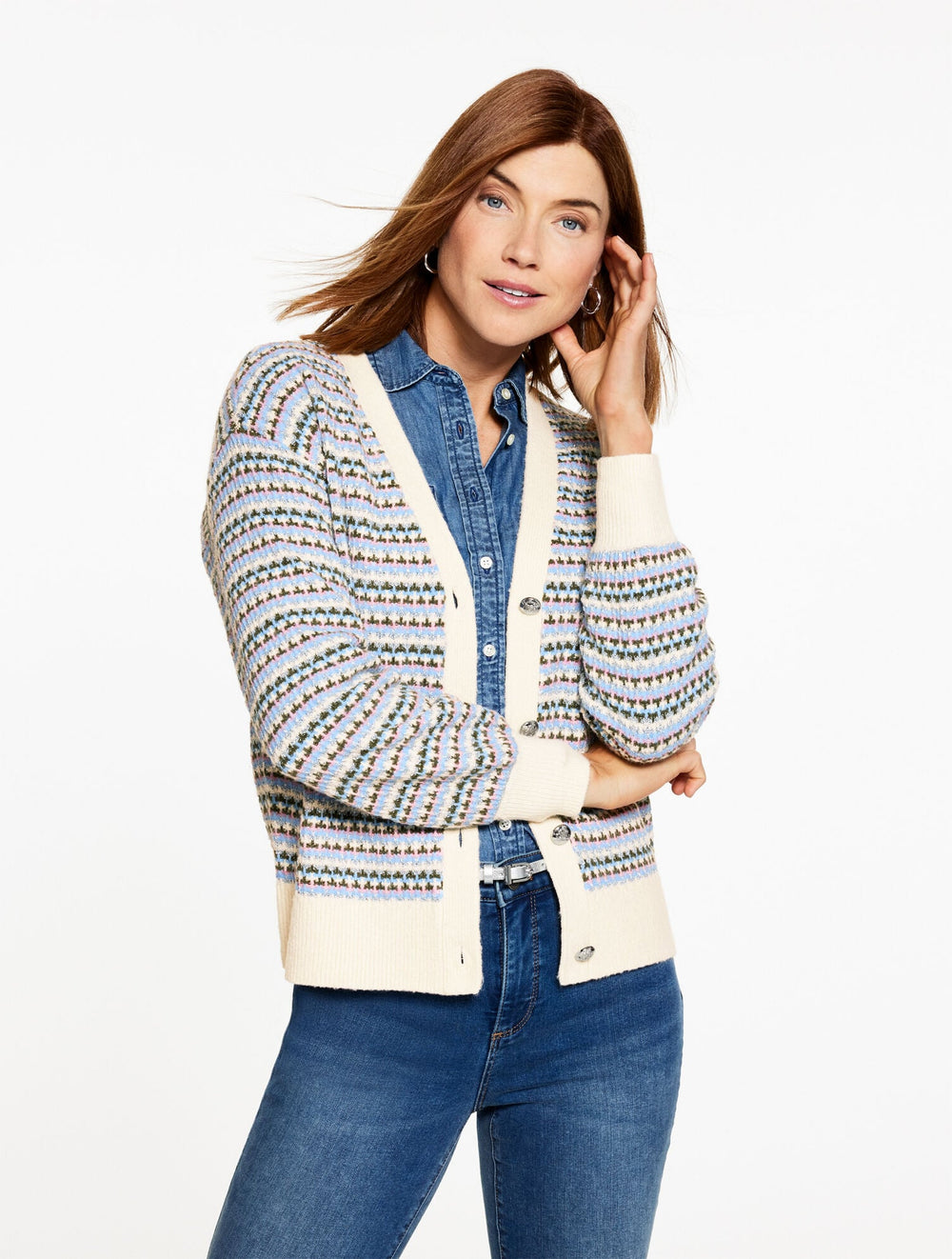 IVORY MULTI V-NECK CARDIGAN - BREEZY STRIPE | Talbots outlet