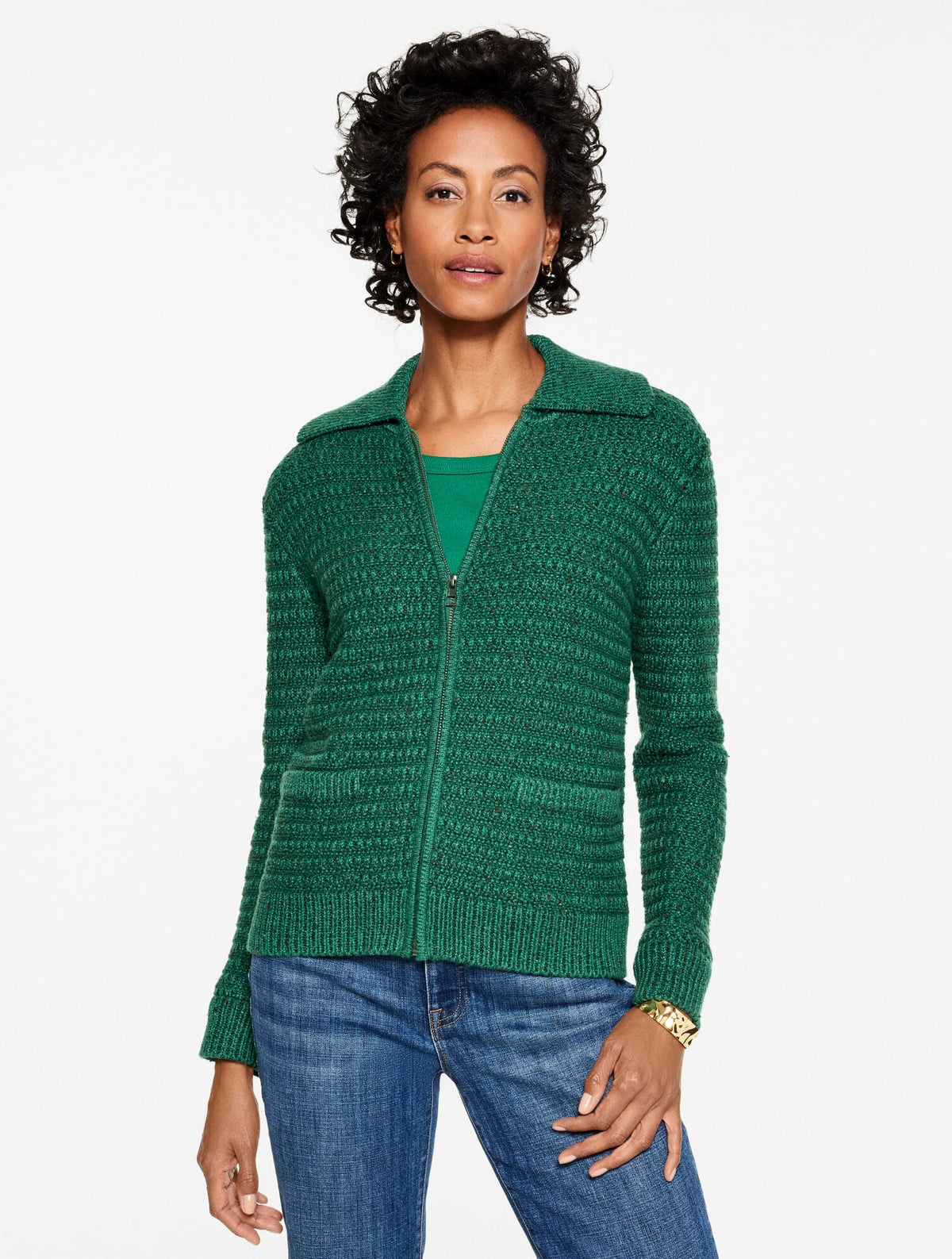 BRIGHT HERITAGE GREEN MLT|LIGHT PURPLE MULTI TWEED ZIP FRONT CARDIGAN | Talbots on sale