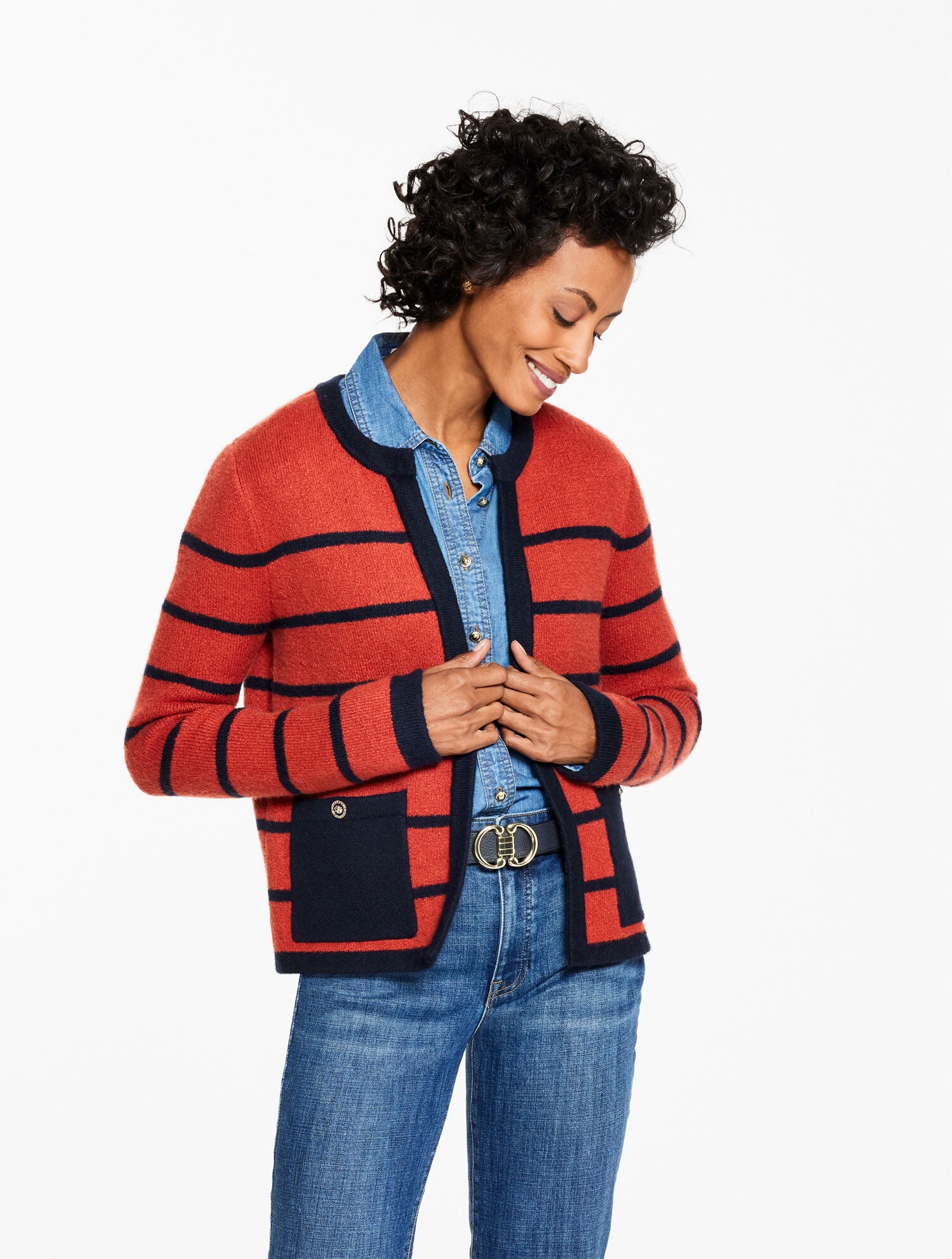 INDIGO BLUE/RED CURRANT DOUBLE KNIT SWEATER JACKET - STRIPE | Talbots on sale