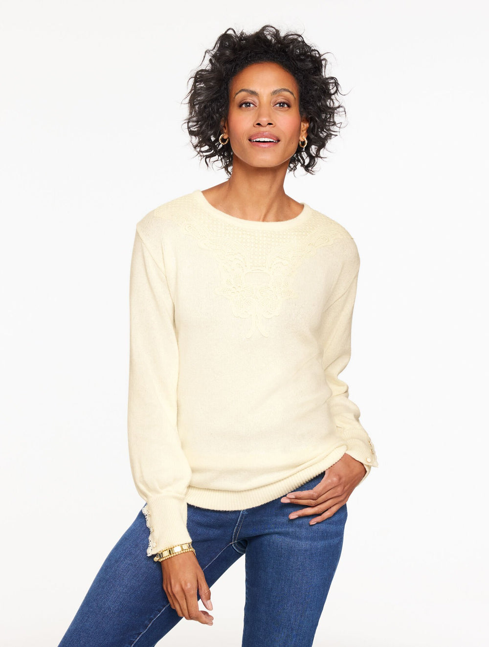 IVORY LACE YOKE CREWNECK SWEATER | Talbots near me