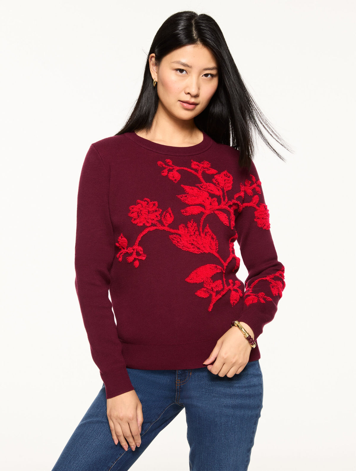 BURGUNDY MULTI CREWNECK PULLOVER - PLACED FLORAL | Talbots near me