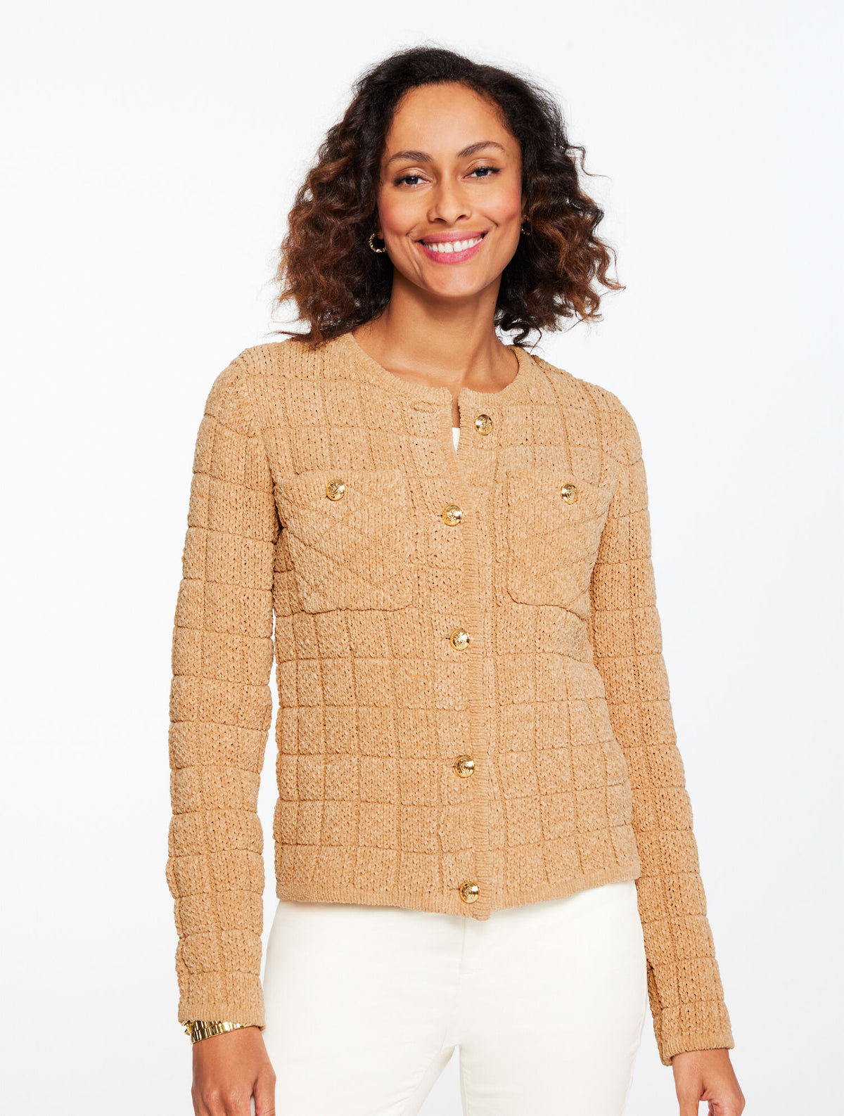 TOASTED COCONUT JACQUARD CREWNECK CARDIGAN | Talbots discount