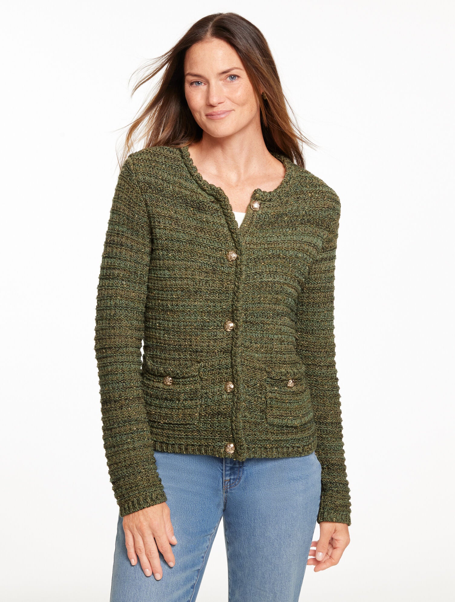OAK MOSS MULTI TUCK STITCH CREWNECK CARDIGAN | Talbots for sale