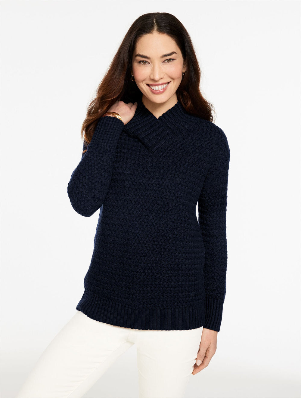 DARK WALNUT|GOLDEN MAIZE|INDIGO BLUE|IVORY TEXTURED V-NECK PULLOVER | Talbots on sale