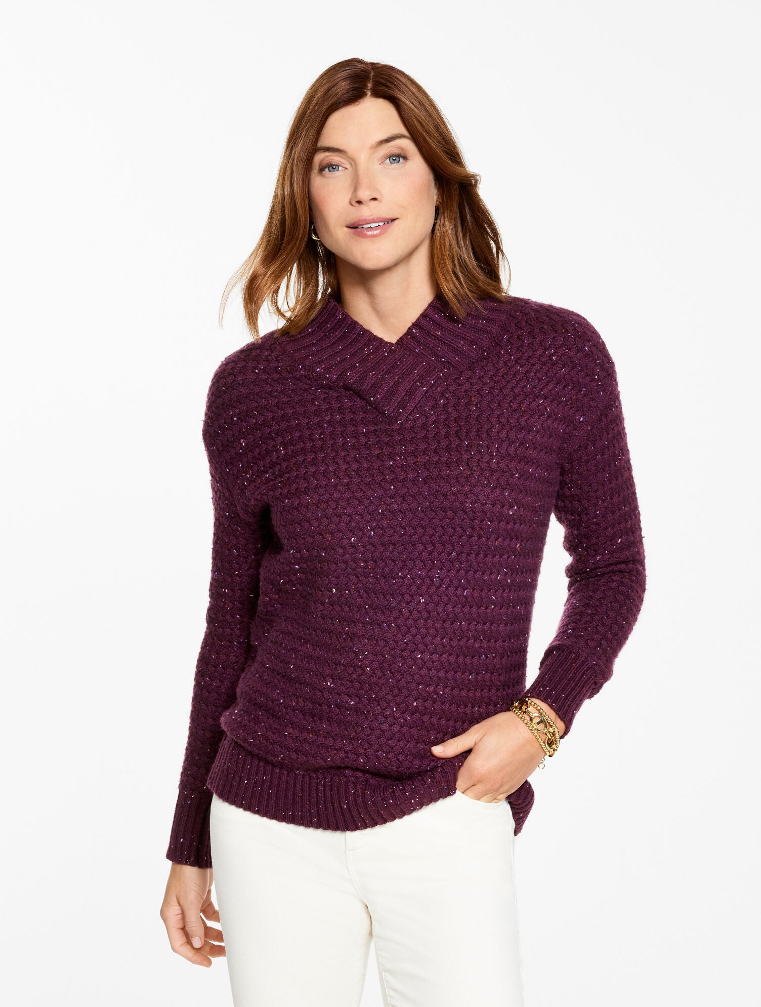 AUTUMN ORANGE HEATHER|EGGPLANT TWEED TEXTURED V-NECK PULLOVER - TWEED | Talbots discount