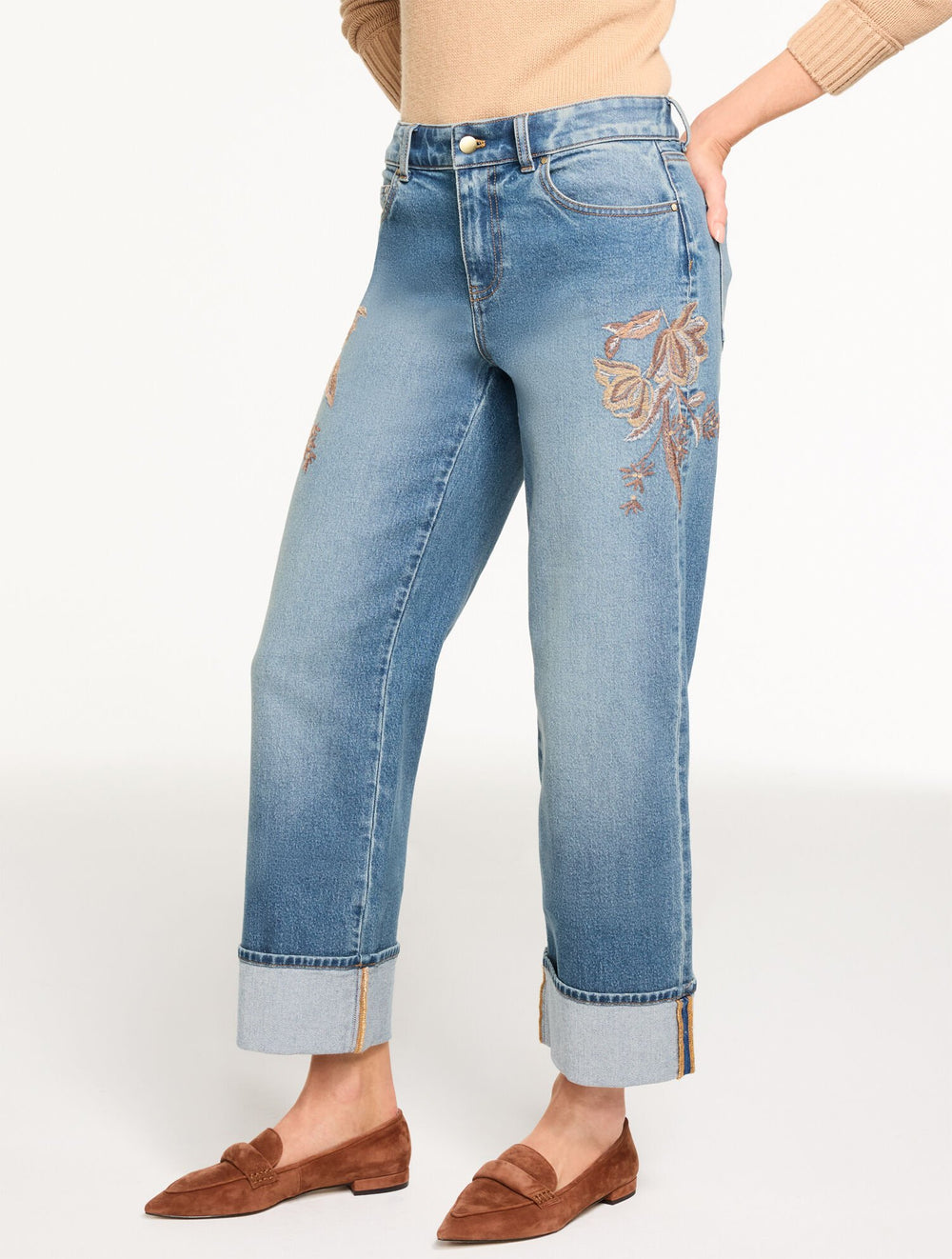 AUTUMN WASH STRAIGHT ANKLE CUFF EMBROIDERED JEANS - AUTUMN WASH | Talbots for sale