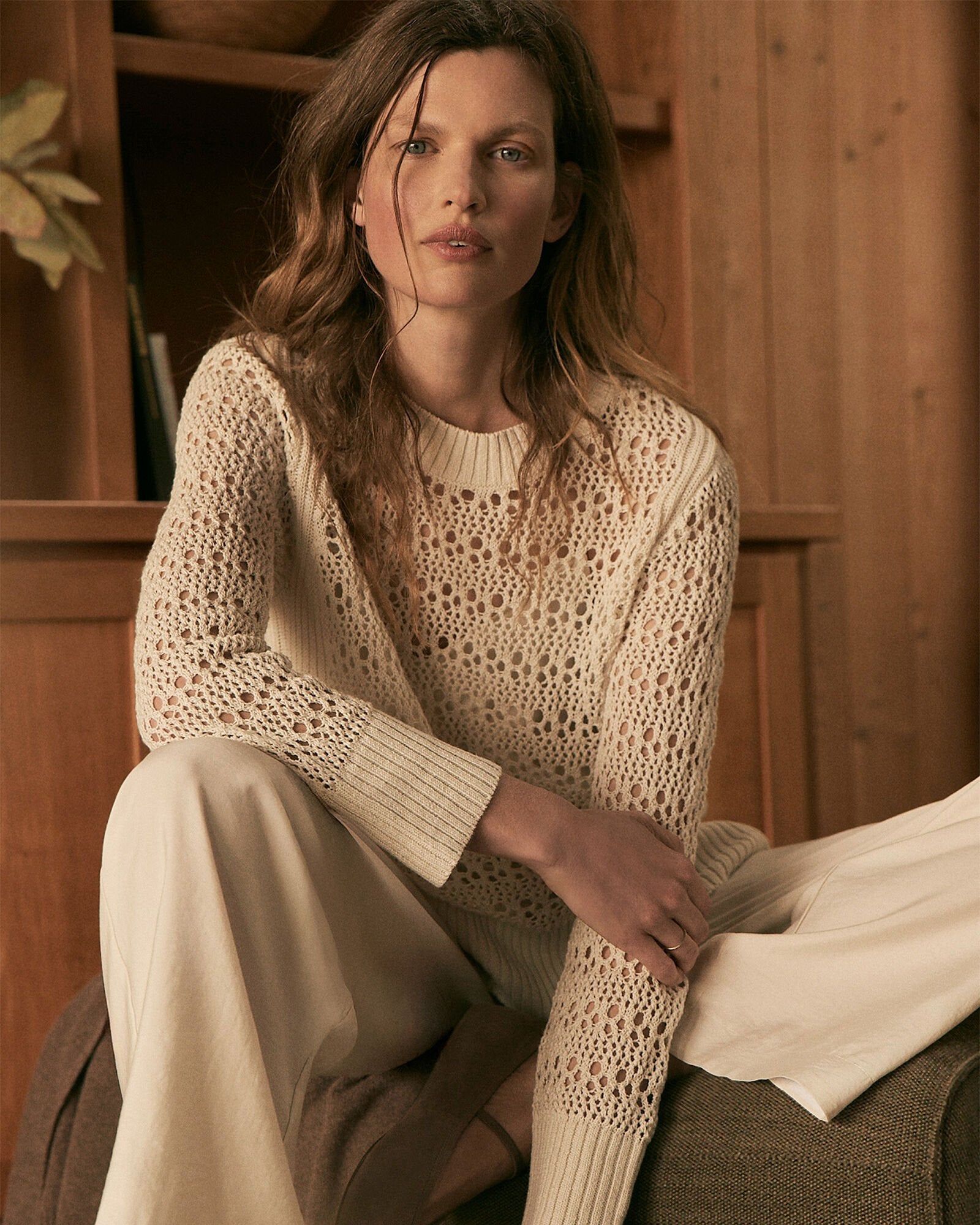 FULL MOON|OLIVE ORGANIC COTTON LINEN OPEN STITCH CREWNECK SWEATER | Talbots discount