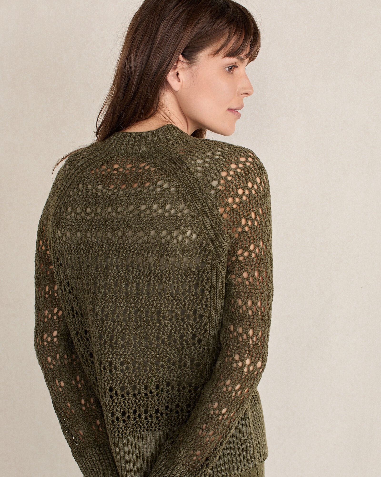 FULL MOON|OLIVE ORGANIC COTTON LINEN OPEN STITCH CREWNECK SWEATER | Talbots discount