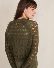 FULL MOON|OLIVE ORGANIC COTTON LINEN OPEN STITCH CREWNECK SWEATER | Talbots discount