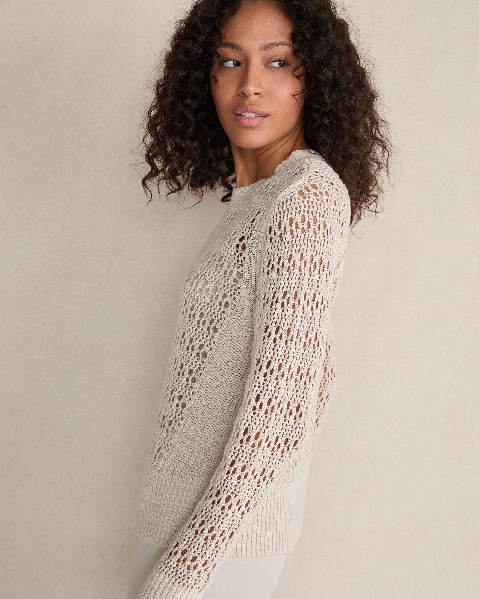 FULL MOON|OLIVE ORGANIC COTTON LINEN OPEN STITCH CREWNECK SWEATER | Talbots discount